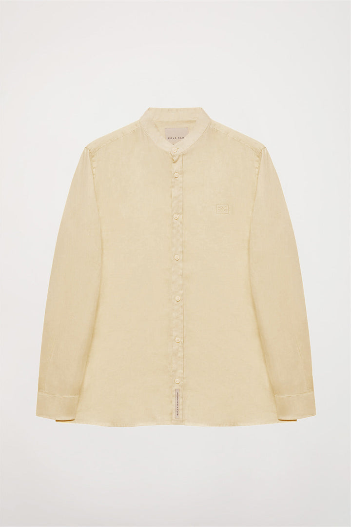 Beige linen shirt with mandarin collar and embroidered logo