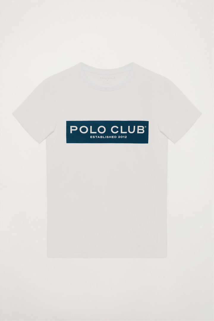 White tee with Polo Club block print