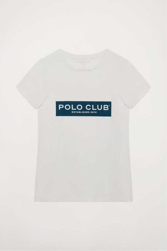 White tee with Polo Club block print