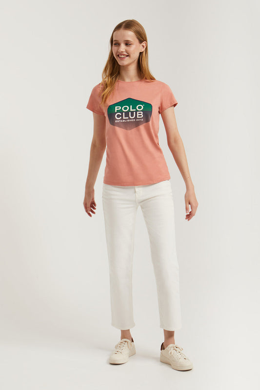 Zalmroze T-shirt met zeshoekige print