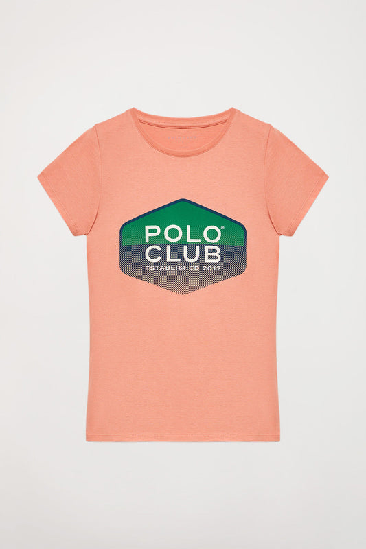 Koszulka w kolorze łososiowym z nadrukiem w kształcie sześciokąta