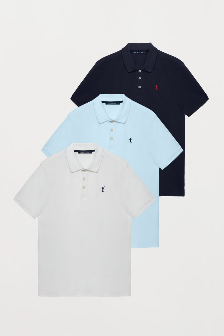 Pack mit drei kurzärmligen Poloshirts mit Logo-Stickerei, weiß, marineblau und hellblau