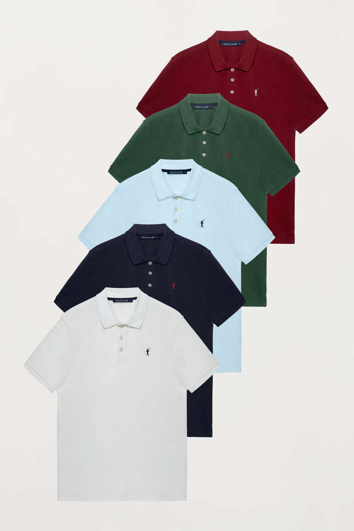 Zestawy pięciu koszulek polo w kolorach granatowym, jasnoniebieskim, białym, burgundowym i butelkowej zieleni z wyszywanym logo