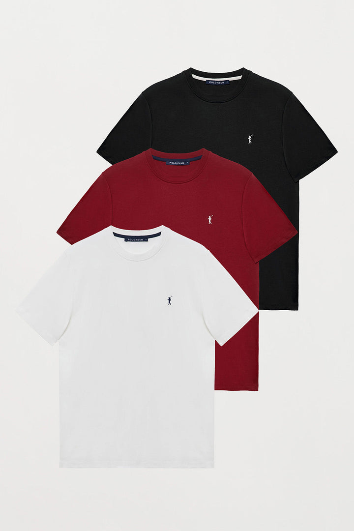 Short-sleeve basic T-shirt with embroidered logo 3 pack (white, burgundy and black)