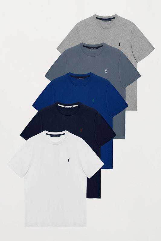 Round-neck T-shirt with embroidered logo 5 pack (navy blue, white, grey marl, royal blue and denim blue)