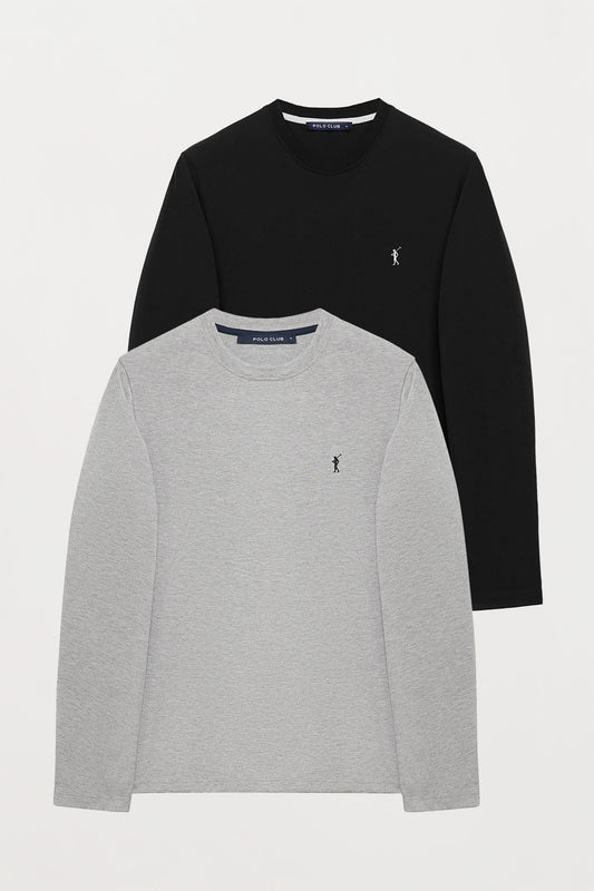 Pack van twee basic T-shirts met lange mouwen in zwart en gemêleerd grijs met geborduurd logo
