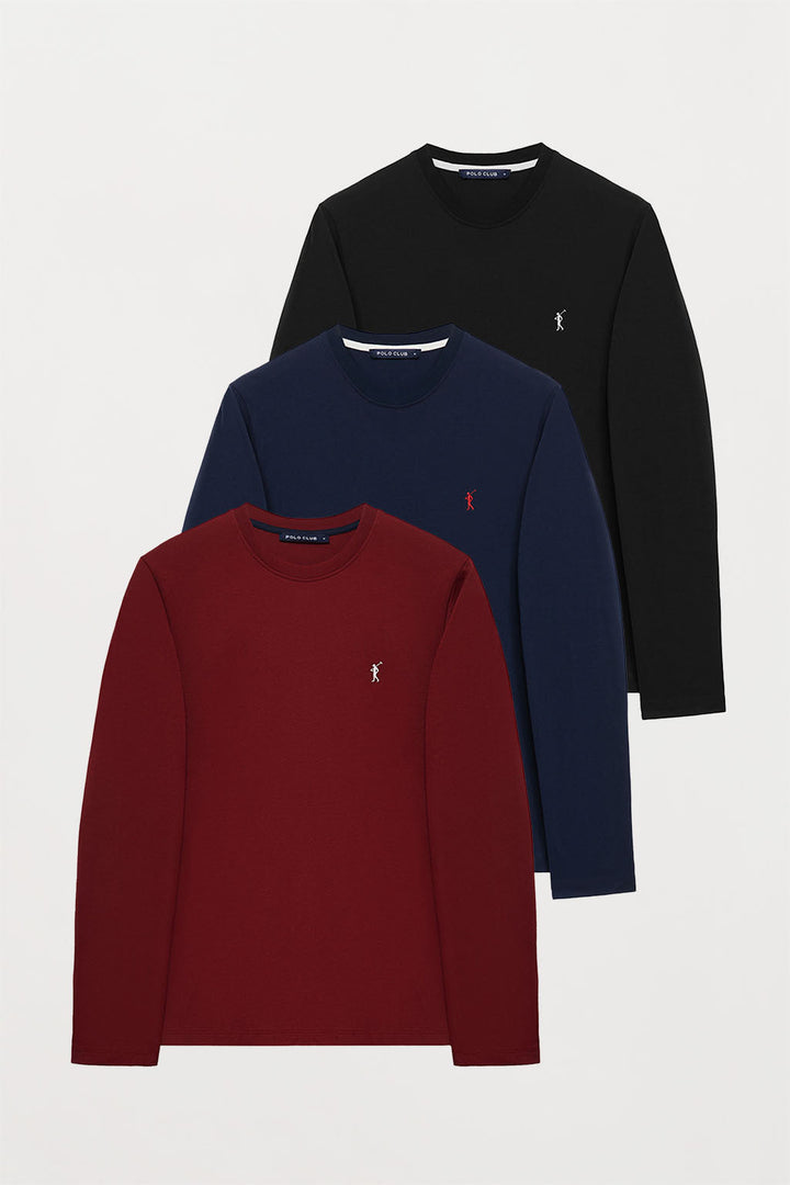 Long-sleeve basic T-shirt with embroidered logo 3 pack (black, burgundy and navy blue)