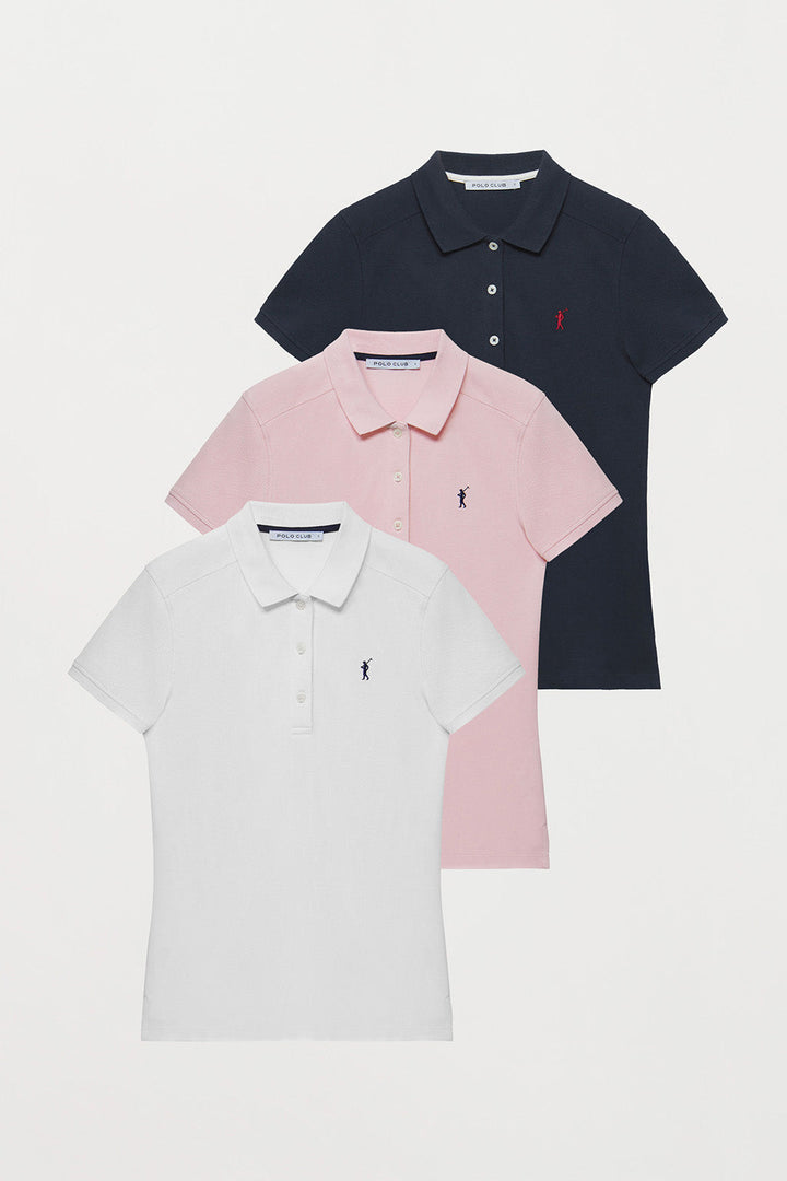 Polo shirt with Rigby Go logo 3 pack (navy blue, white and pink)