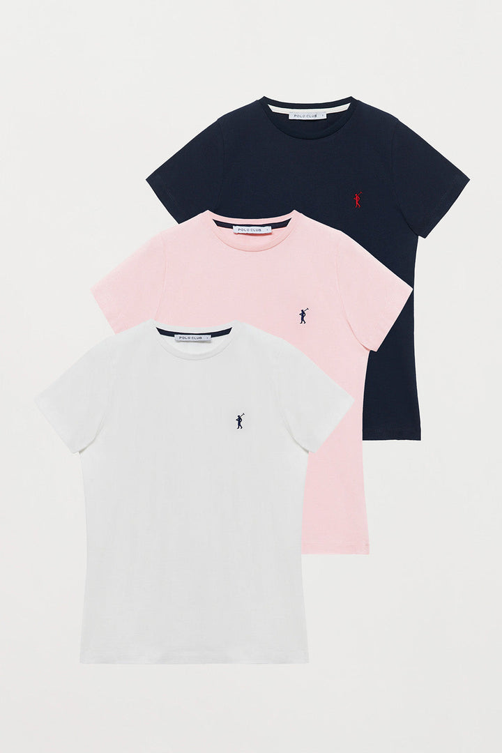 Pack de tres camisetas básicas azul marino, blanca y rosa con logo Rigby Go