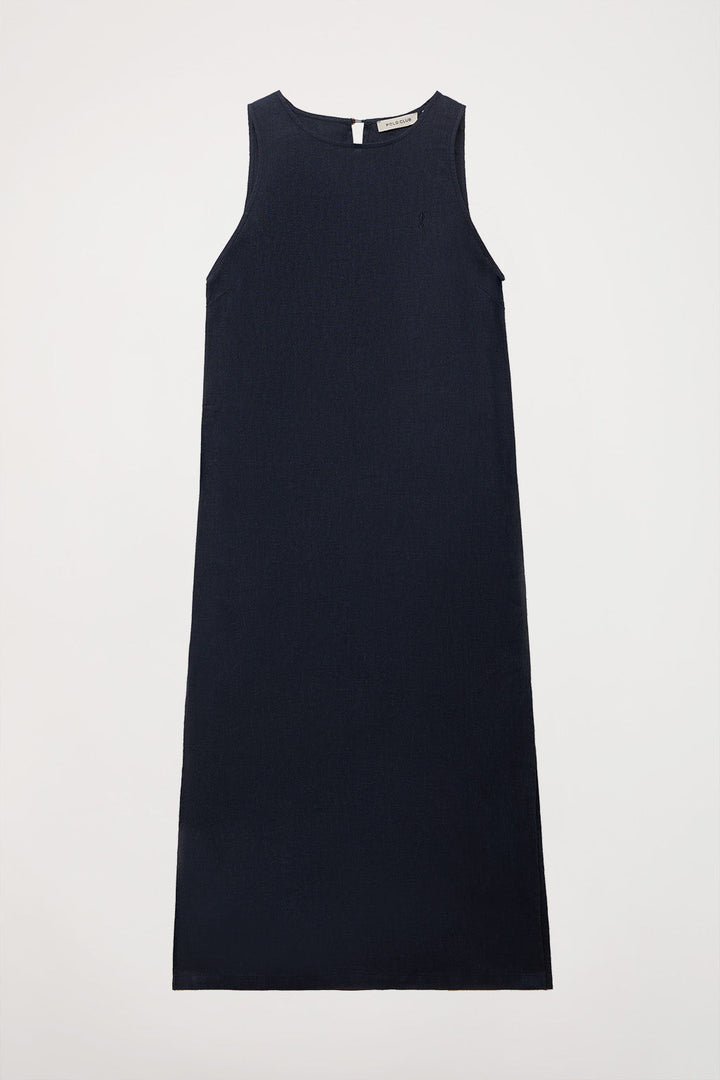 Marineblauwe linnen jurk zonder mouwen met Rigby Go-logo