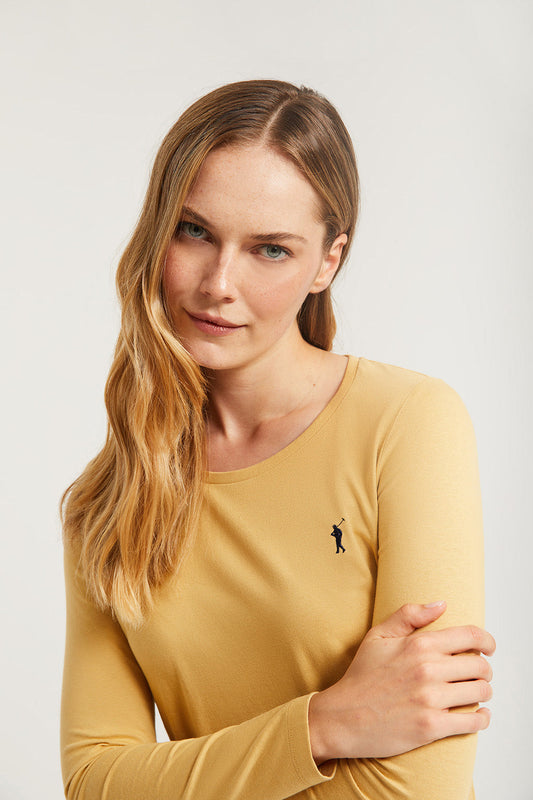 Langärmliges, schlichtes T-Shirt kamelfarben mit Rigby Go Logo