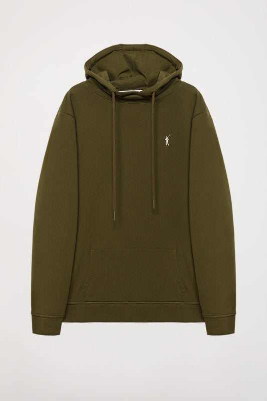 Olive-green hoodie with pockets and Rigby Go logo