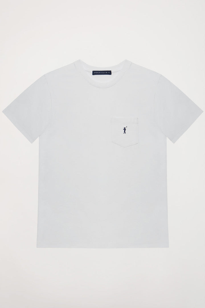 White tee with pocket and Rigby Go logo