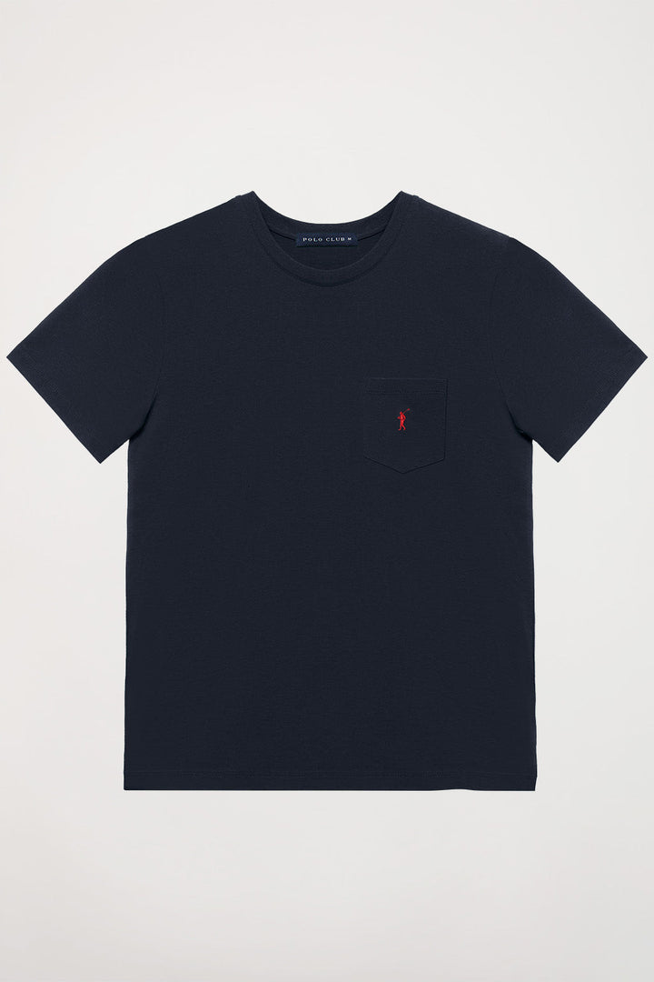 Navy-blue tee with pocket and Rigby Go logo
