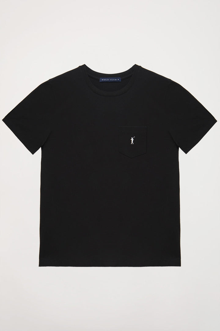 Black tee with pocket and Rigby Go logo