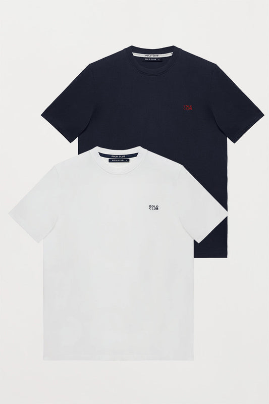 Pack de dos camisetas blanca y azul marino con cuello redondo y logo bordado