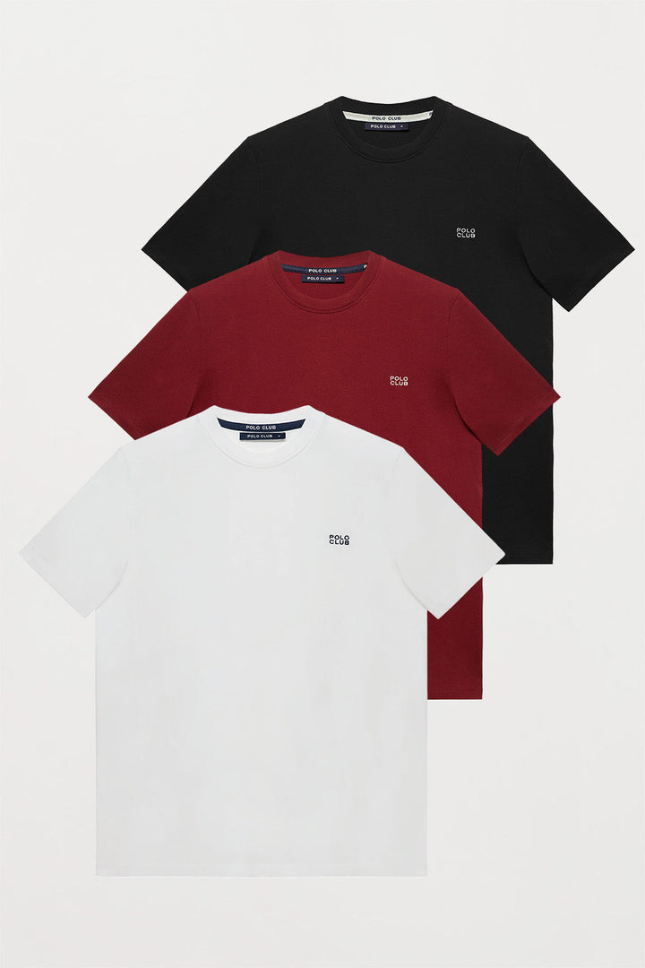 Pack with three round-neck T-shirts in black, white and burgundy with embroidered logo