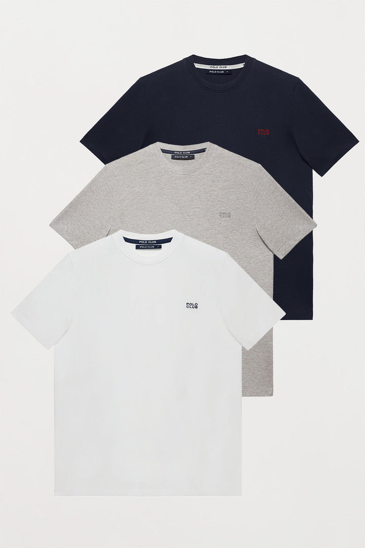 Pack de tres camisetas blanca, azul marino y gris vigoré de cuello redondo y logo bordado