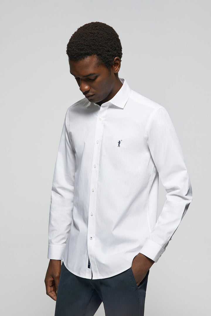 Wit hemd van poplin-katoen met Rigby Go-logo, slim fit