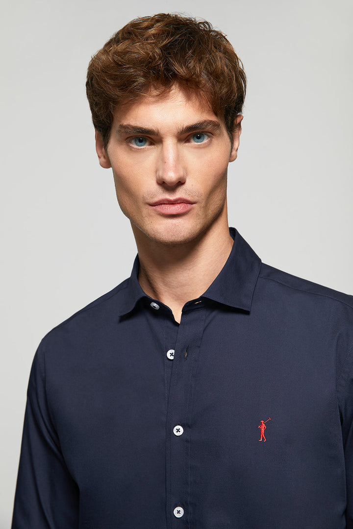 Navy-blue slim-fit poplin shirt with Rigby Go logo