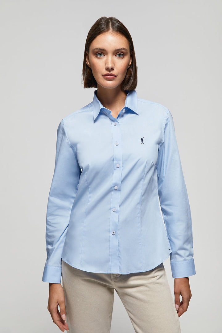 Lichtblauw hemd van poplin-katoen met geborduurd Rigby Go-logo, slim fit