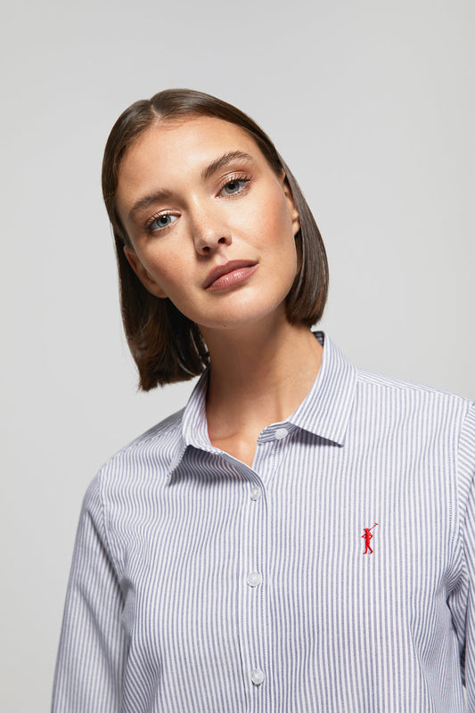 Navy-blue striped Oxford shirt with Rigby Go logo