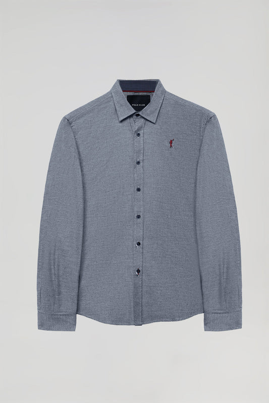 Navy-blue micro houndstooth check shirt with Rigby Go logo