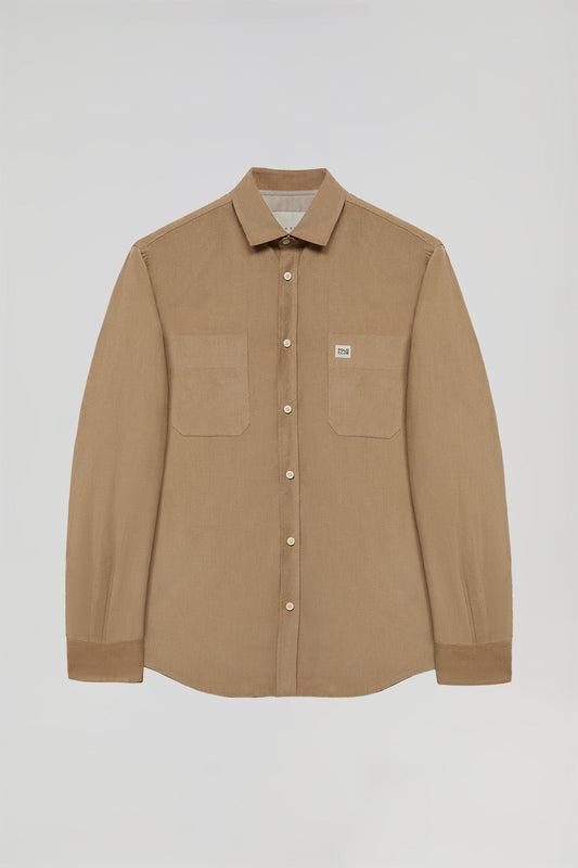 Camicia in vellutino a coste con tasche color sabbia e dettaglio Polo Club