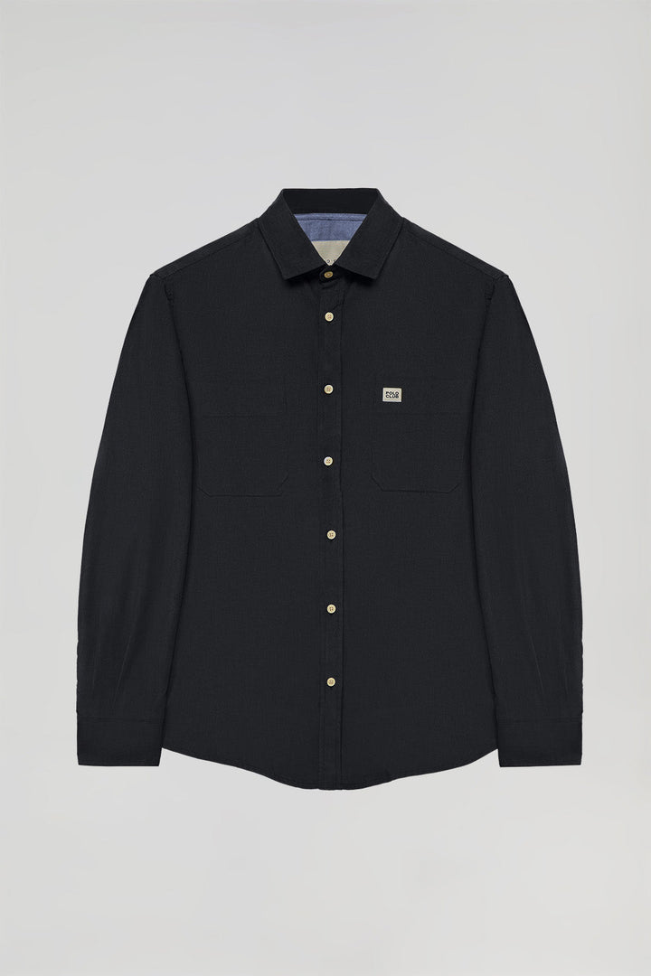 Marineblauw hemd van ribfluweel met zakken en Polo Club-detail
