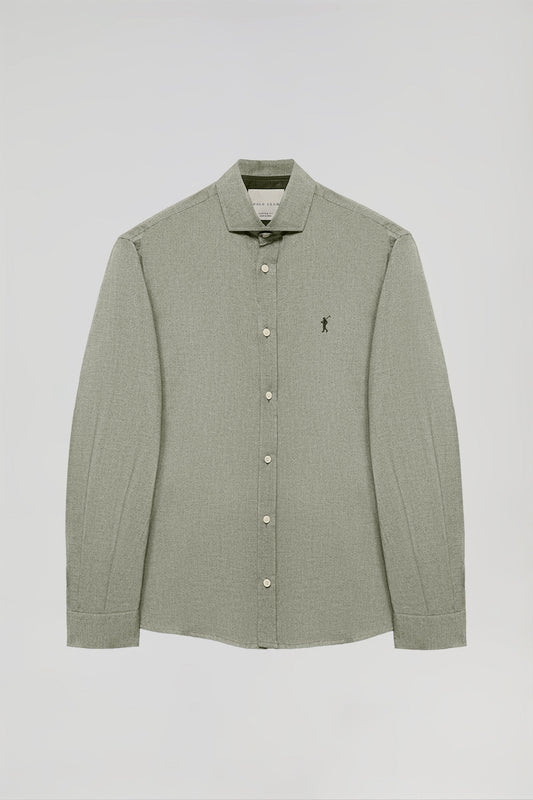Green twill shirt with embroidered Rigby Go logo