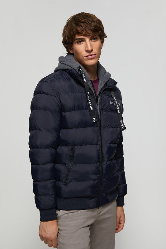 Navy-blue puffer jacket with Polo Club print