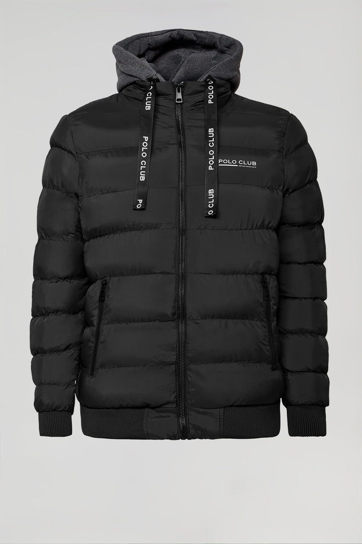 Black puffer jacket with Polo Club print