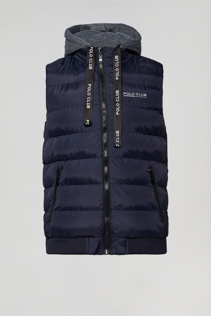 Navy-blue puffer vest with Polo Club print