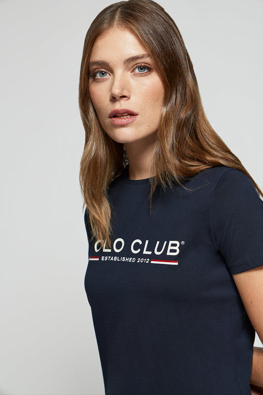 Navy-blue basic T-shirt with chest iconic print