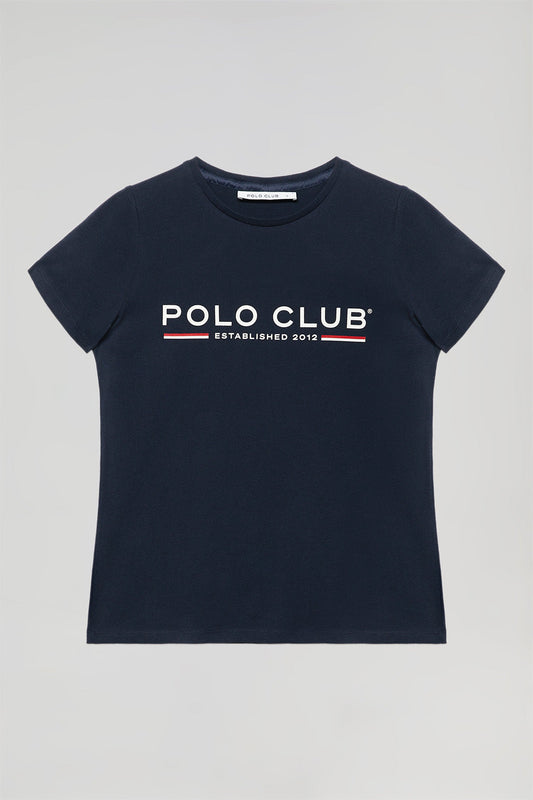 Navy-blue basic T-shirt with chest iconic print