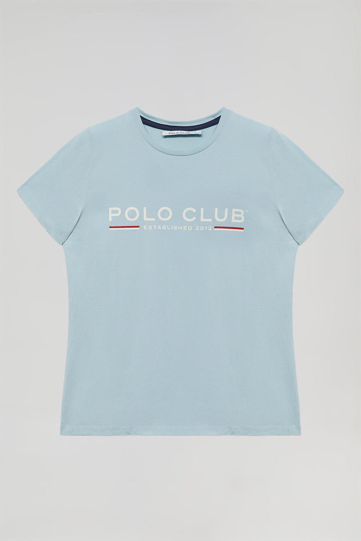 Camiseta básica azul celeste con print icónico en el pecho