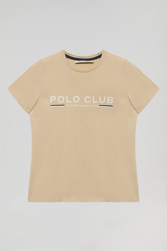 Basic zandkleurige T-shirt met kenmerkende print op de borst