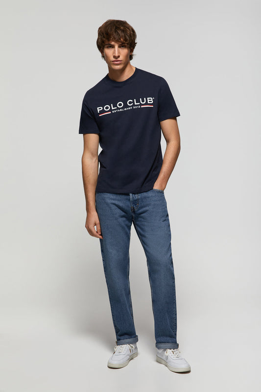 Camiseta básica azul marino con print icónico en el pecho