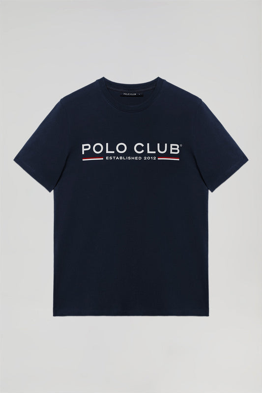 Navy-blue basic T-shirt with chest iconic print