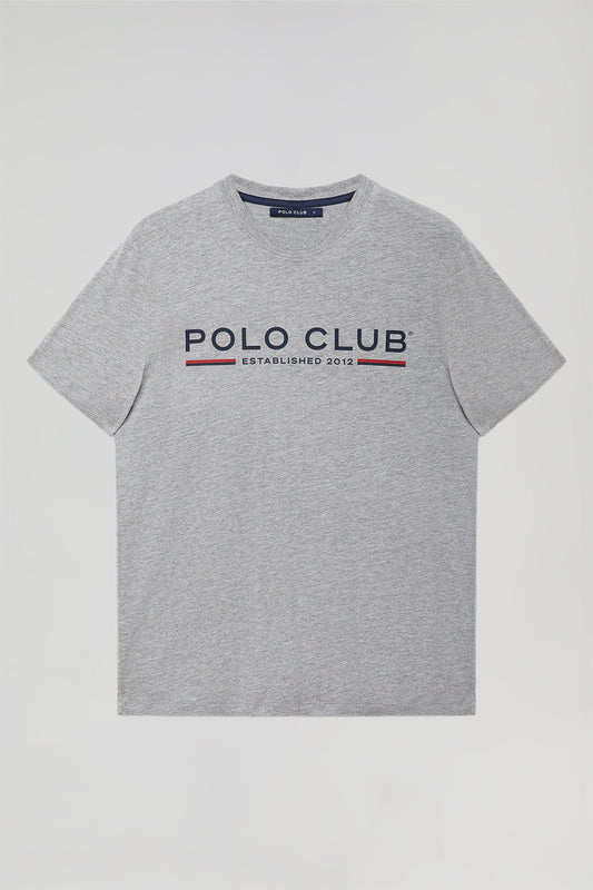 Basic T-shirt in gemêleerd grijs met kenmerkende print op de borst