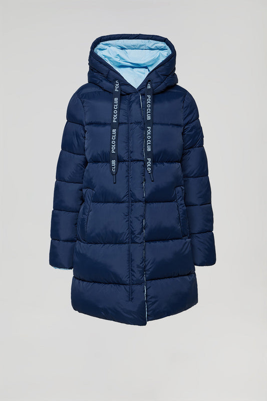 Omkeerbare blauwe jas in twee kleuren met kap en Polo Club-detail