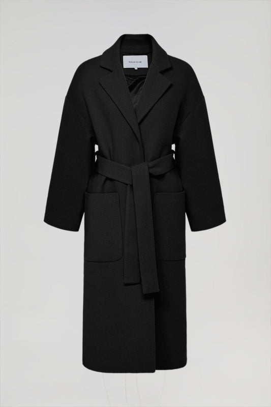 Zwarte stoffen mantel met riem en Polo Club-details