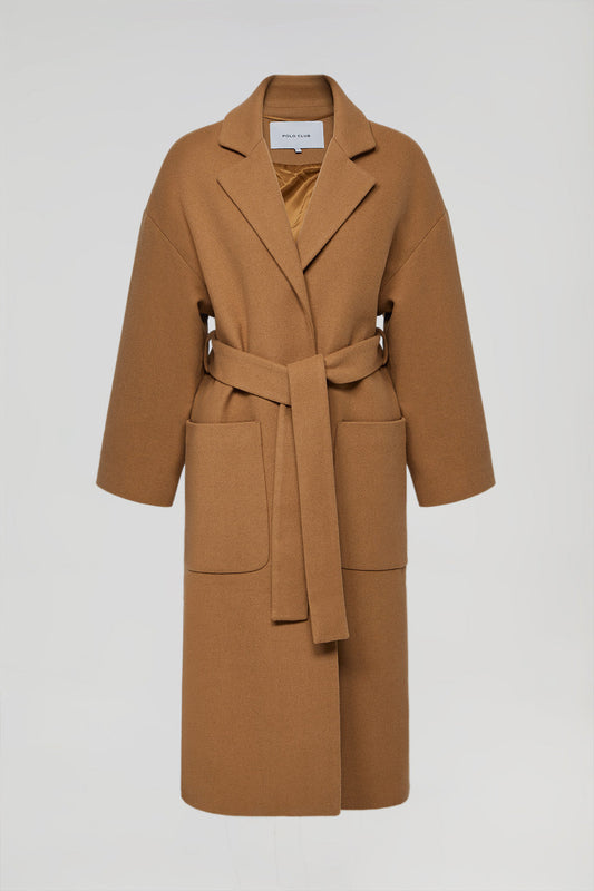 Camel felt-texture coat with belt and Polo Club details
