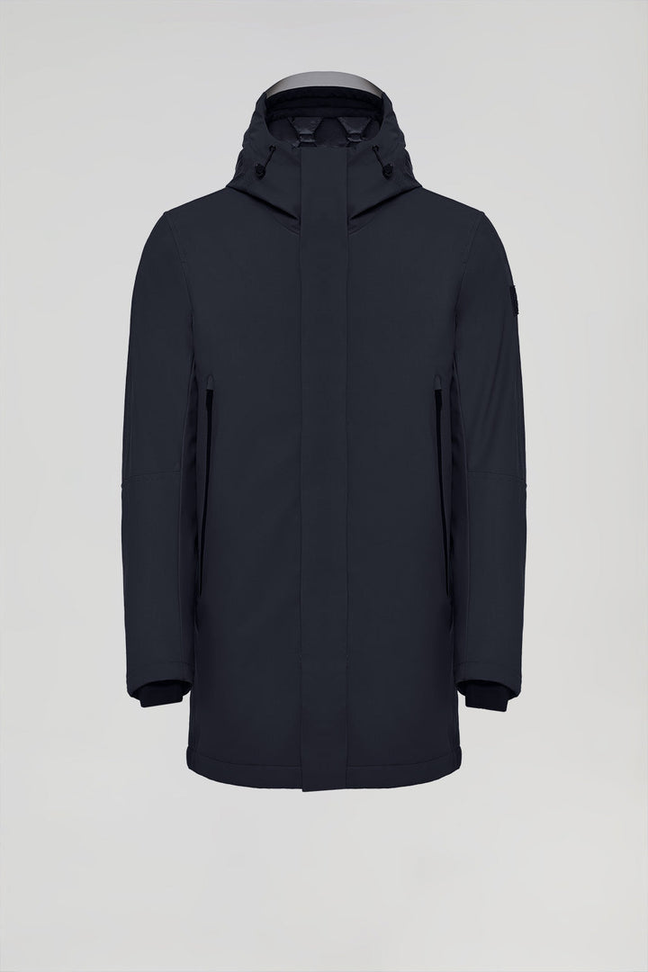 Navy-blue technical coat with hood and Polo Club details