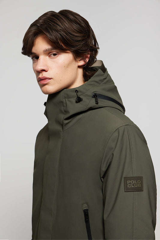 Green technical coat with hood and Polo Club details
