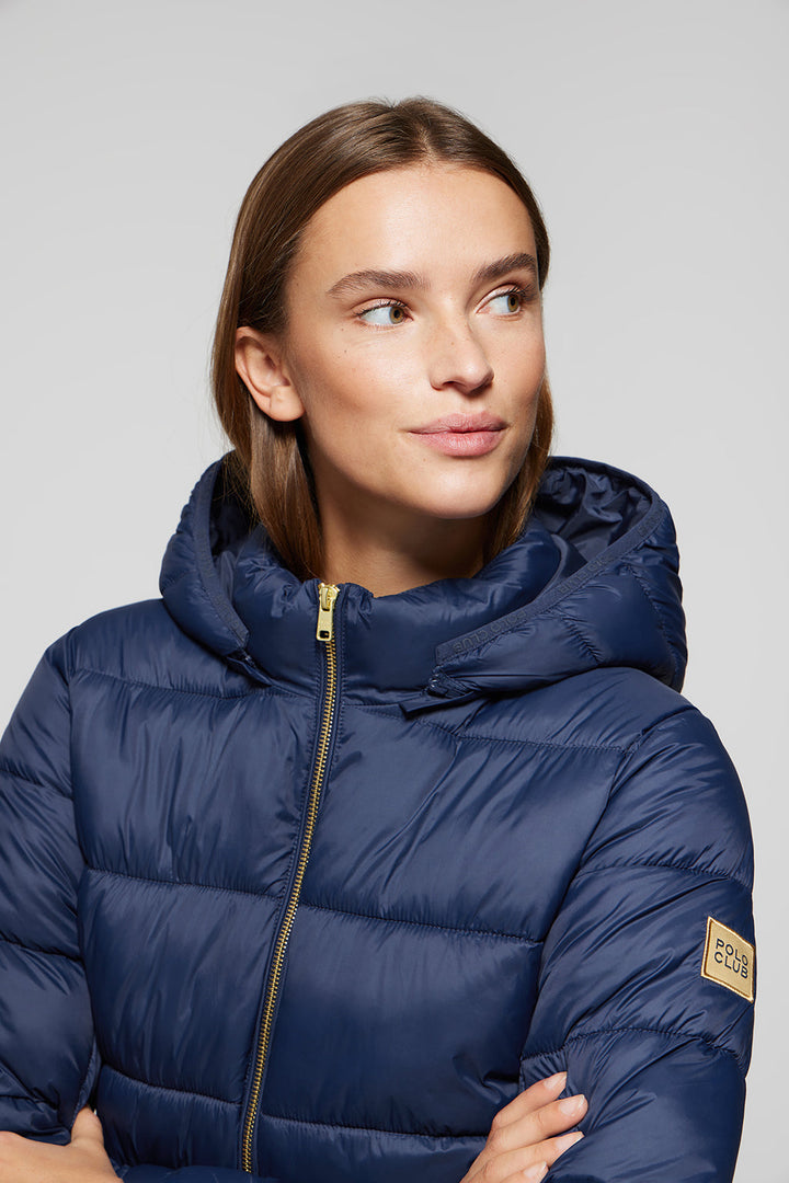 Navy-blue ultralight Corinne coat with hood and Polo Club logo