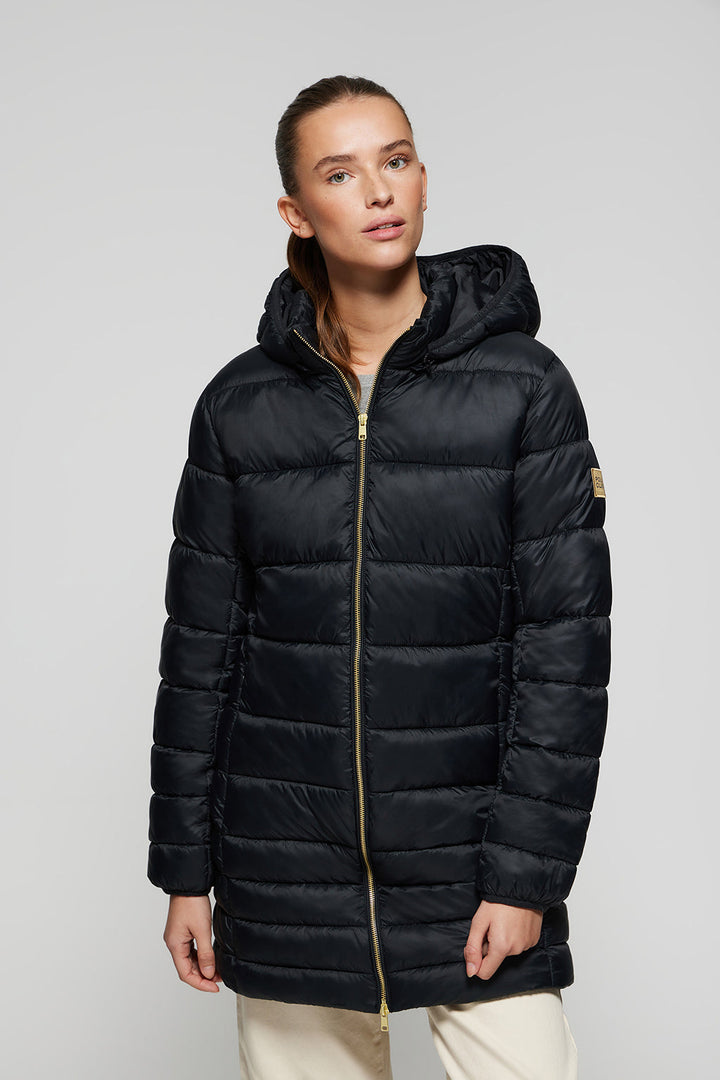 Black ultralight Corinne coat with hood and Polo Club logo