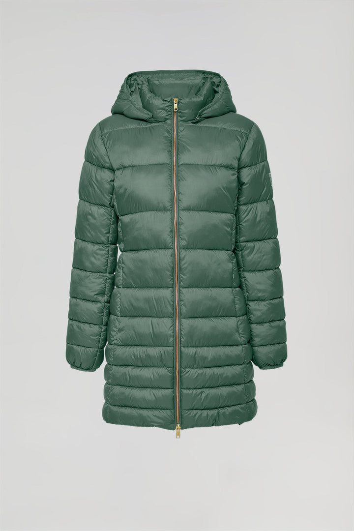 Green ultralight Corinne coat with hood and Polo Club logo