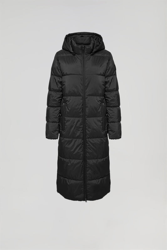 Black Cósima long coat with removable hood and side vents