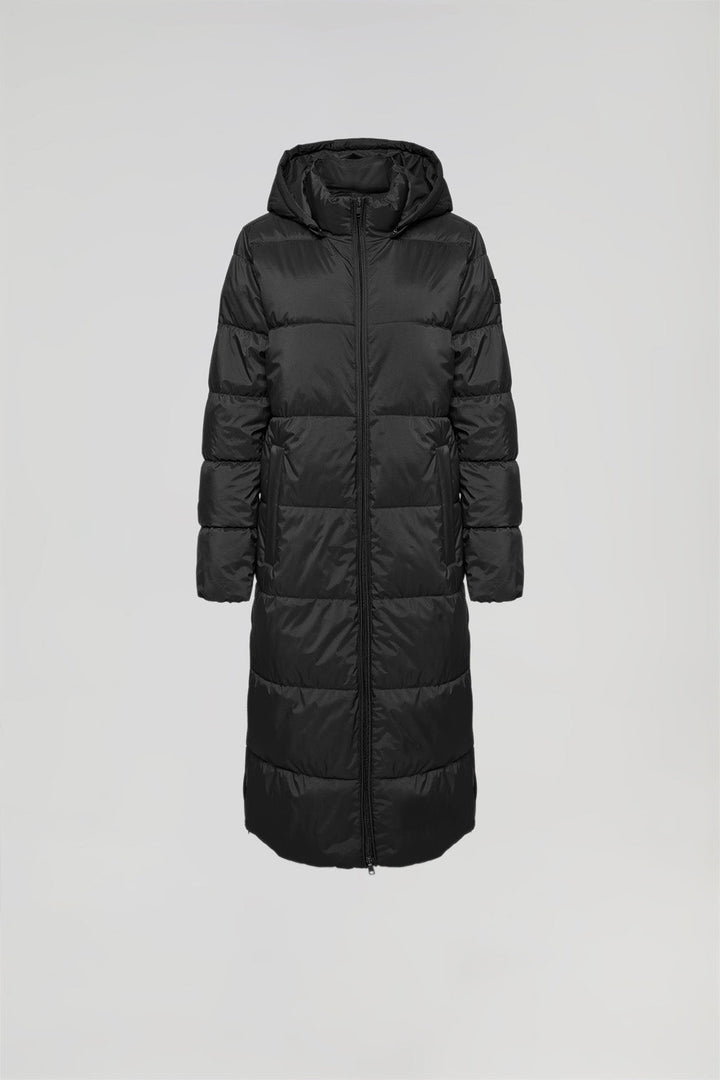 Manteau long Cosima noir avec capuche amovible et fentes latérales